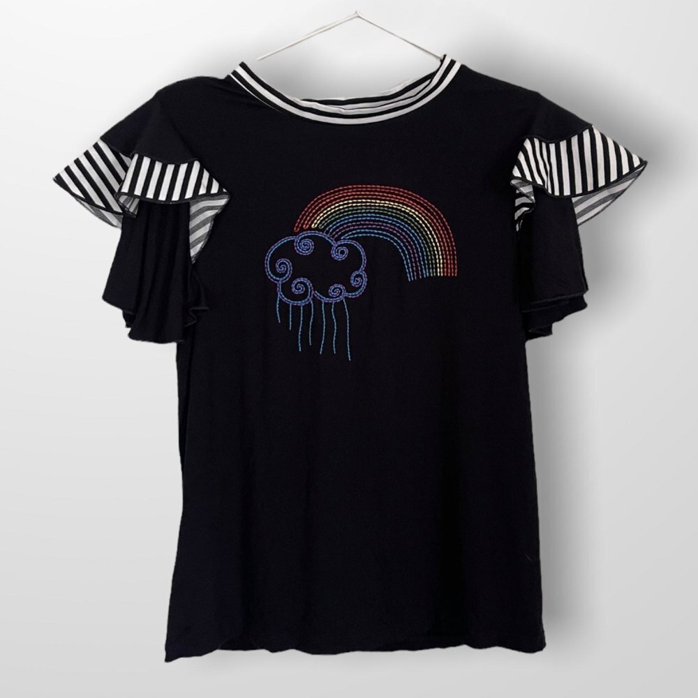 Embroidered Rainbow Shirt With Ruffle Sleeves Size Small - Picture 2 of 8